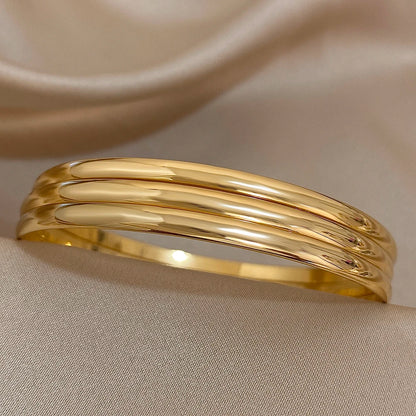 3pcs Glossy 18K Gold Plated Stainless Steel Bangle Bracelet for Women Minimalist Basic Wristband Bangles Waterproof Jewelry